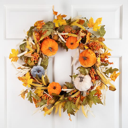24" Velvet Pumpkins & Wheat Fall Harvest Wreath